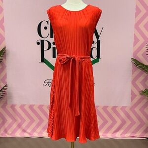DKNY Vibrant Orange Pleated Midi Dress with Waist Tie